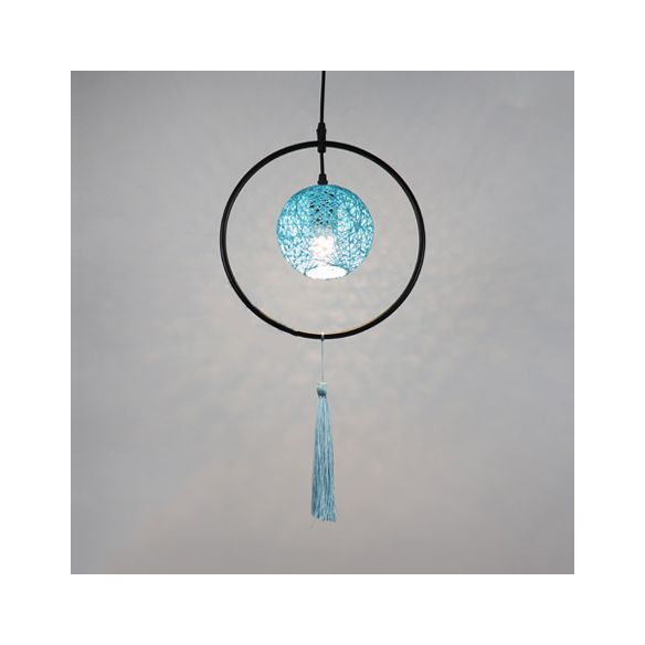 Asian Style Ball Pendant Lamp Woven Rattan 1 Bulb Hanging Light in Beige/Blue/Red with Tassels