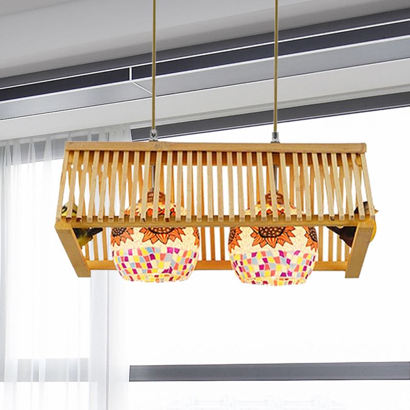 Roof Shaped Hanging Pendant Light Modern Style Wood 1/2-Head Beige Hanging Light Fixture, 16"/19.5" W