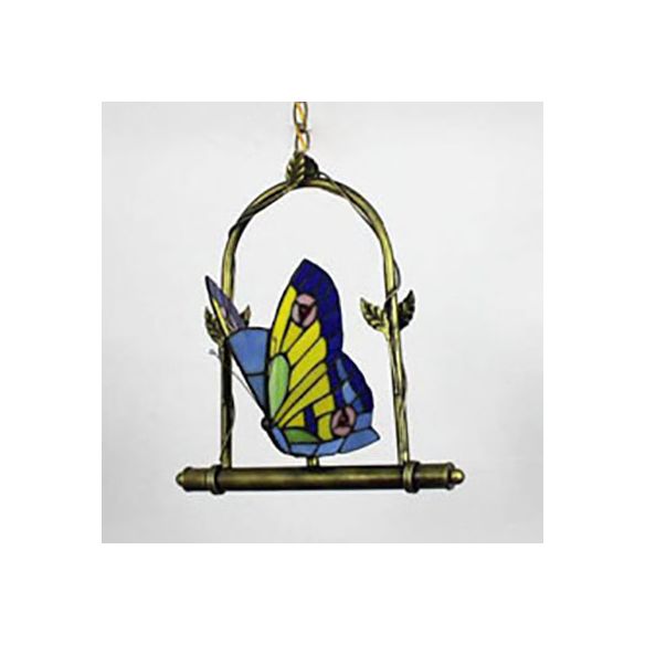 Stainless Glass Butterfly Pendant Light Tiffany Style 1 Light Warm Brass Suspension Lighting for Balcony