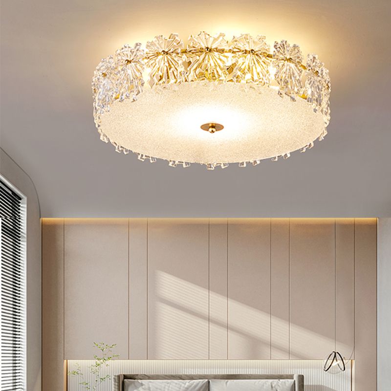Gold Metal Flush Mount Light Fixtures Traditional Drum Semi Flush Ceiling Lamps with Glass Shade