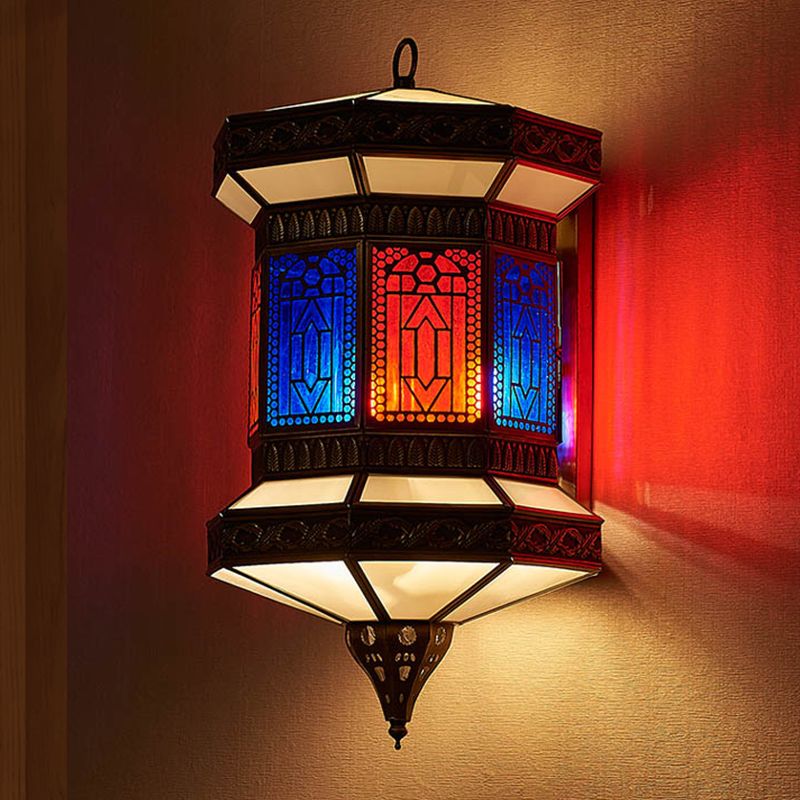 Brass 1-Light Wall Light Fixture Arab Metal Lantern Wall Sconce Lamp with Frosted Glass Shade