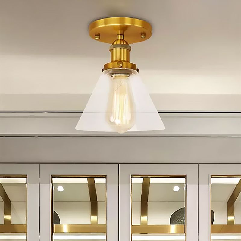 Single Bulb Semi-Flush Mount Industrial Conical Clear Glass Ceiling Light in Black / Brass / Copper