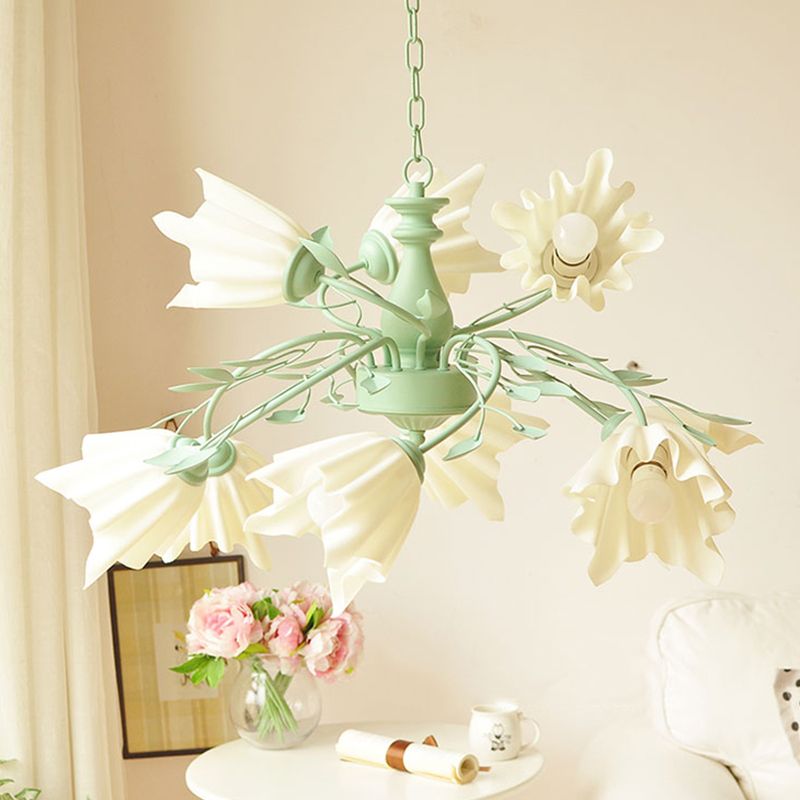 Green Flower Chandelier Lighting Modernism Metal 9 Bulbs Pendant Light Fixture for Living Room