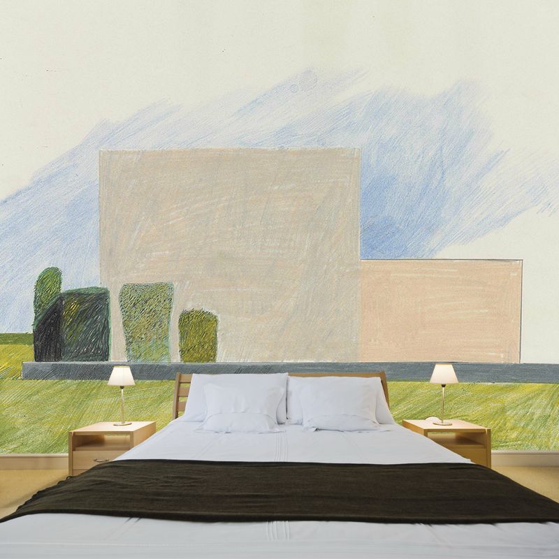 Modern Art House Drawing Murals Grey-Yellow-Green Stain-Proof Wall Decor for Bedroom