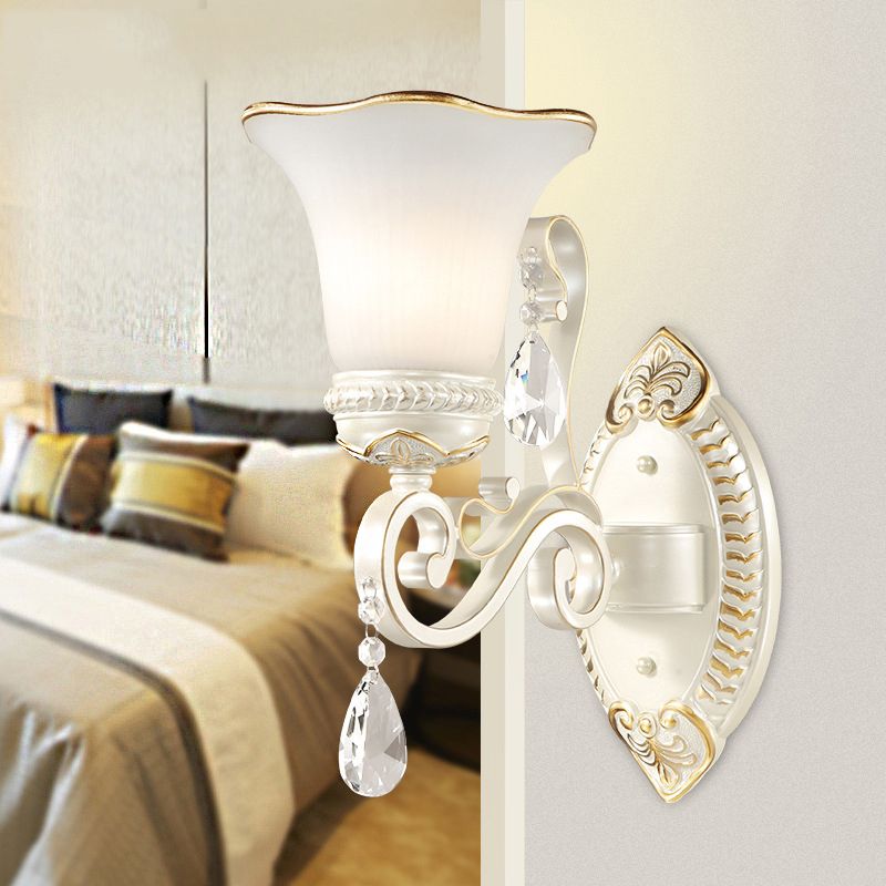 1/2-Bulb Frosted Glass Wall Lamp White Floral Shade Living Room Sconce Light with Crystal Accent