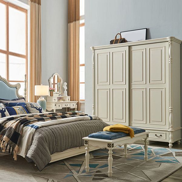 White Wood Freestanding Wardrobe Modern Wardrobe with Solid Wood Legs