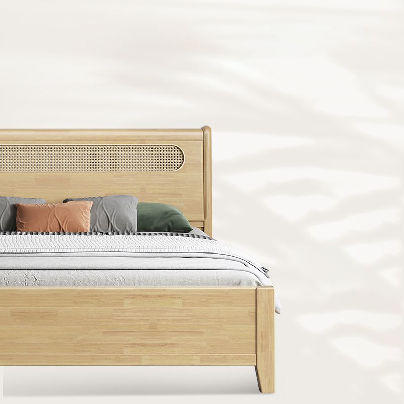 Rectangular Natural Standard Bed Solid Wood and Rattan Panel Bed Rubberwood
