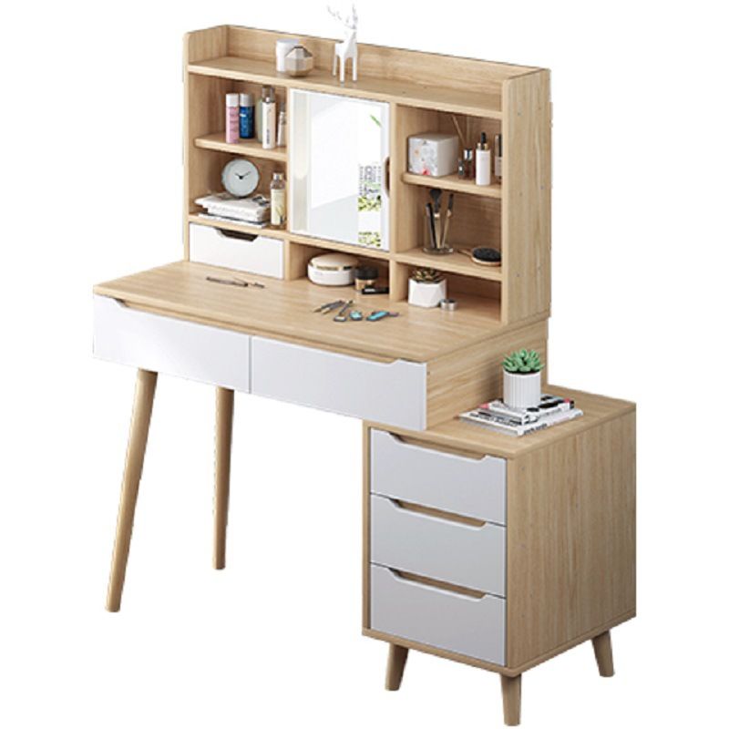Scandinavian Vanity Table with Drawers and Shelves and Mirror