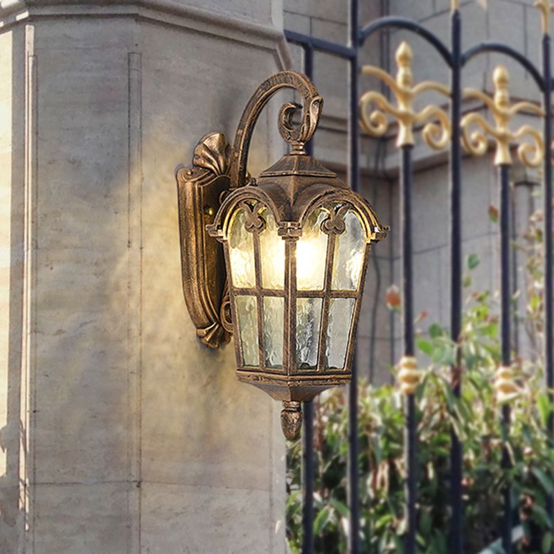 10"/14" W 1 Light Water Glass Wall Lamp Farmhouse Black/Brass Lantern Doorway Wall Lighting with Curvy Arm