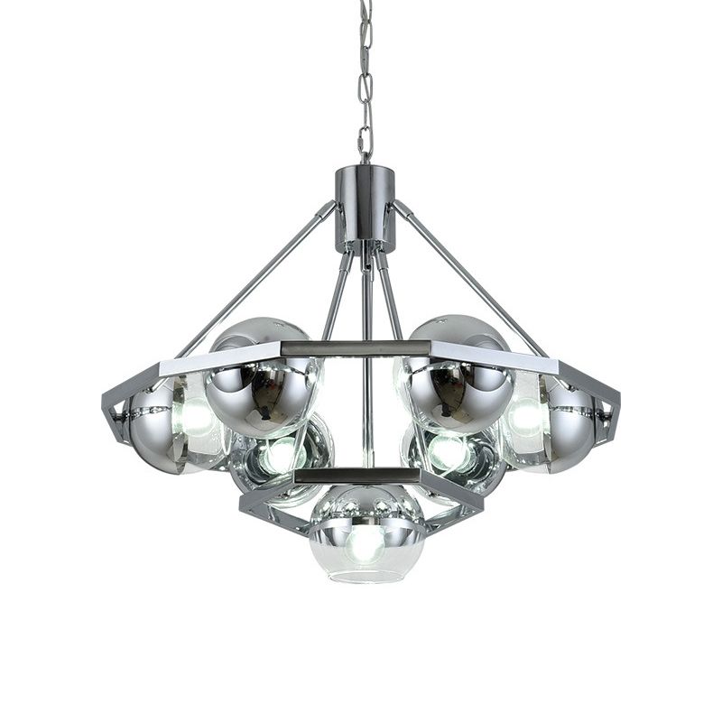 7 lampadine soggiorno sospeso leggero lampadario moderno a soffitto argento con sfera a sfera a 2 strati.