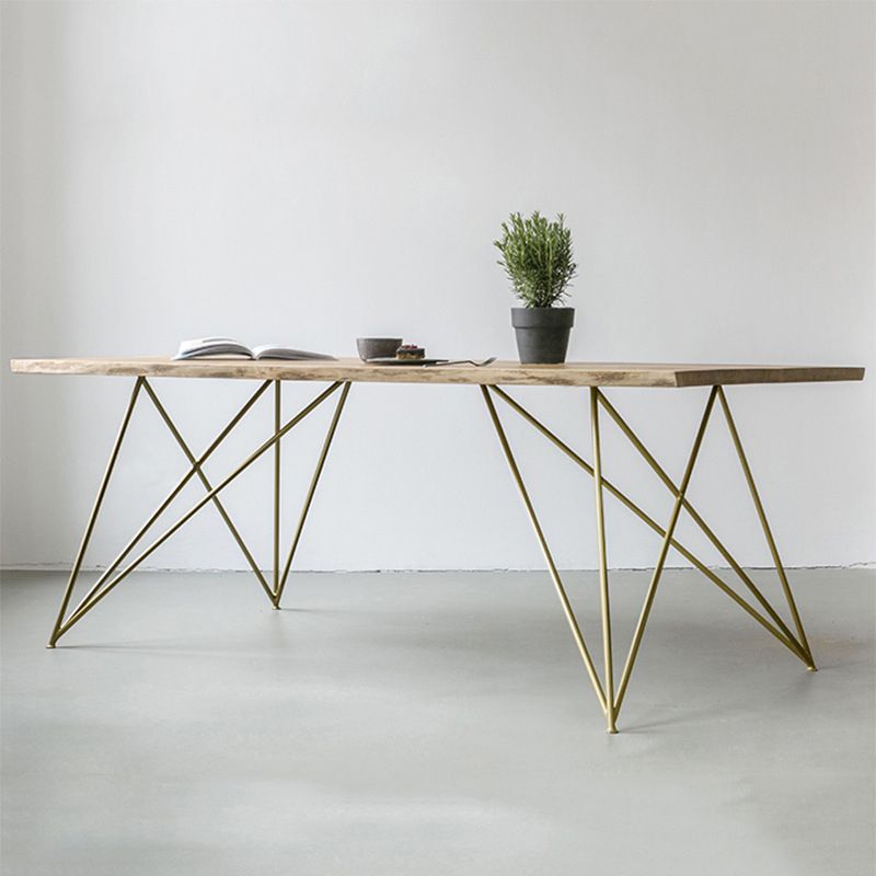 Wood Top Dining Table Industrial Rectangle Table with Double Pedestal Base