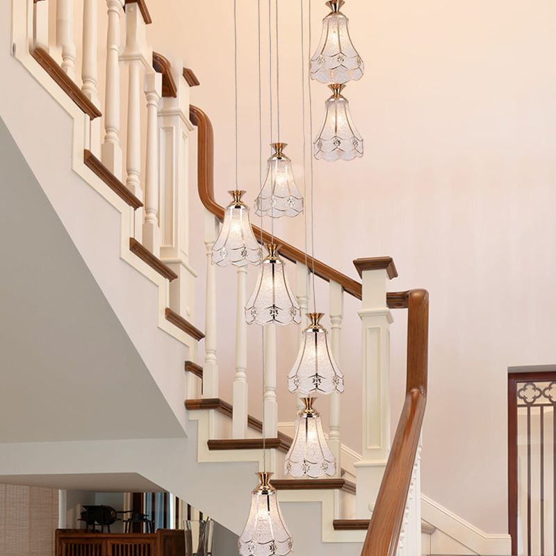 Gold Floral Suspension Light Modern Textured Glass 8 Bulbs Stair Multi Ceiling Lamp