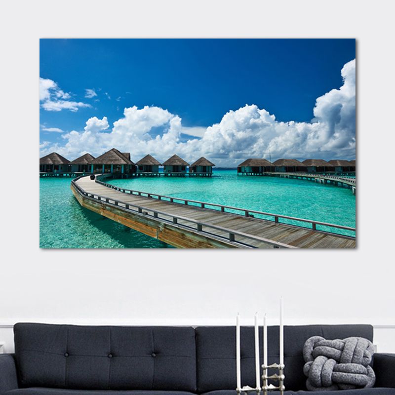 Pastel Color Modern Wall Art Wooden Bridge in Sea Scenery Canvas Print for Home