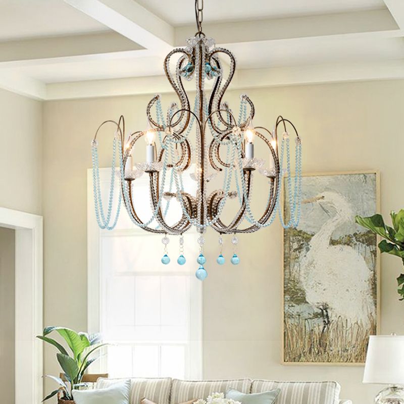 Candle Crystal Beads Hanging Chandelier Modernism 6 Bulbs Living Room Suspension Light in Rust