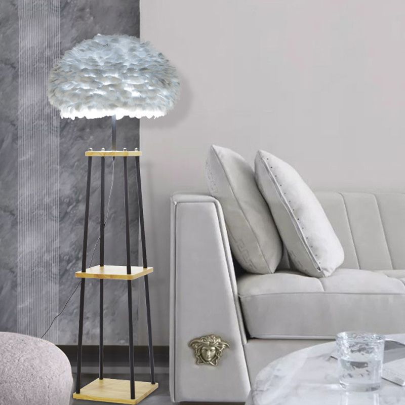 Noordse 2-laags plank Vloer Licht houten enkele woonkamer vloer staande lamp met koepel/trommelveerschaduw in grijs/wit