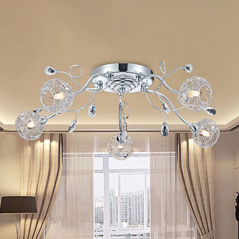5 Lights Living Room Semi Mount Lighting Contemporary Chrome LED Flush Lamp Fixture with Ball Metal Mesh Shade