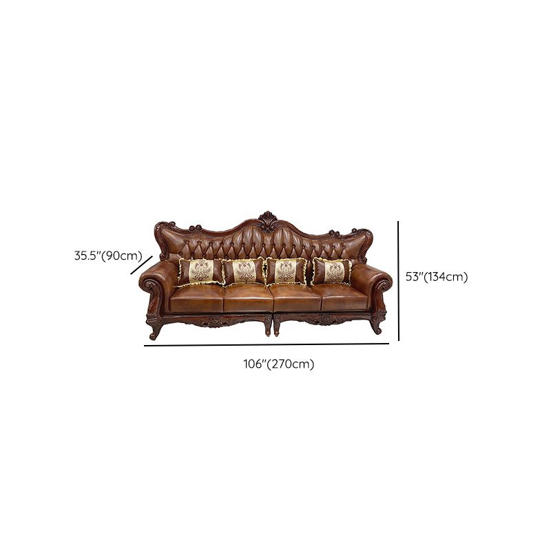 Traditional Tufted Split-Back Seating Flared Arm Sofa with Pillows in Brown