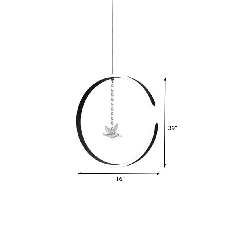 Acrylic Ring Hanging Light Kit Modern LED Black Pendant Lamp with Bird Crystal Droplet in White/Warm Light