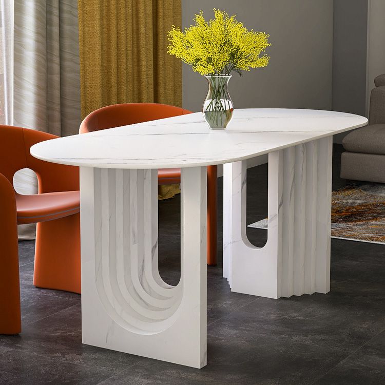 47.24''L Contemporary Sintered Stone Table White Dining Table with Double Pedestal Bases