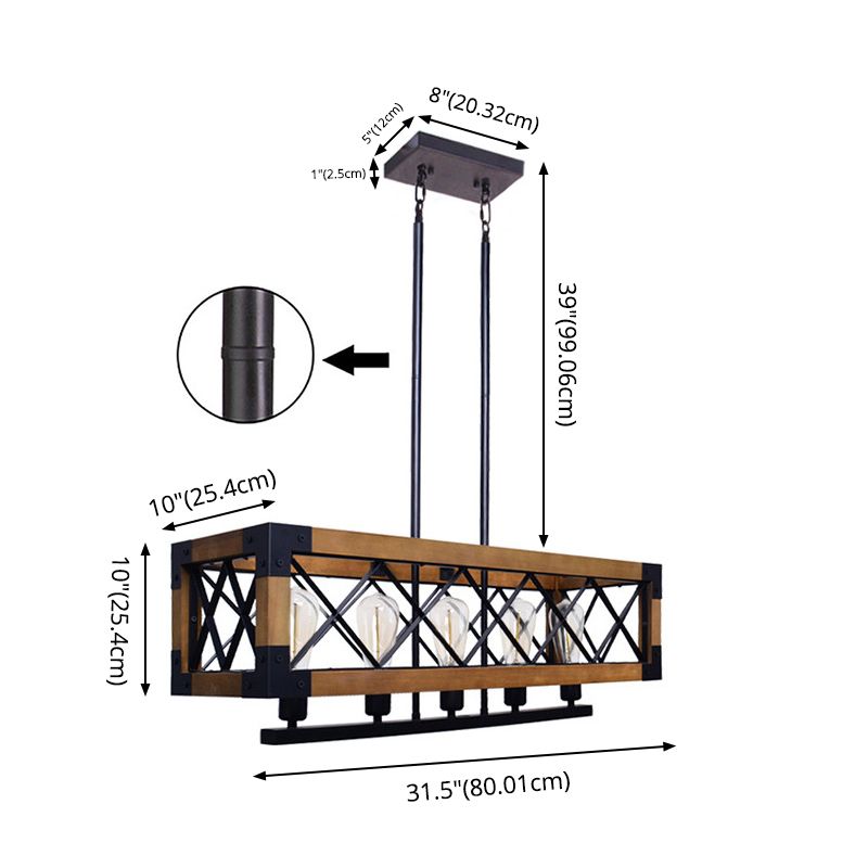 Wood Rectangular Island Chandelier Light Industrial Living Room Hanging Lamp in Beige