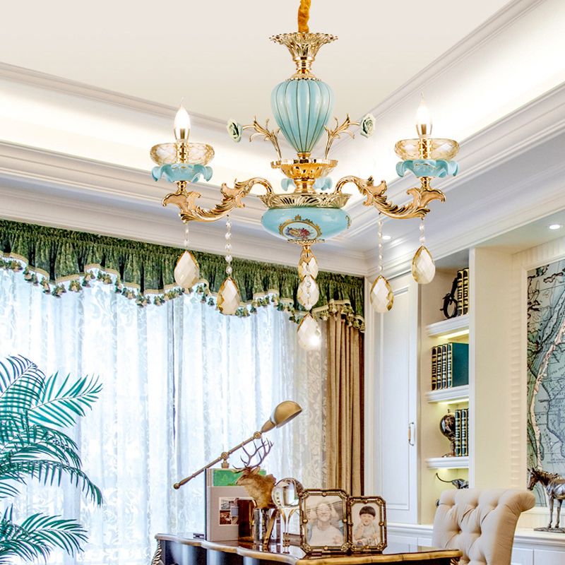 3/6 Bulbs Candelabrum Chandelier Moroccan Gold-Blue Ceramic Hanging Lamp with K9 Crystal Drop