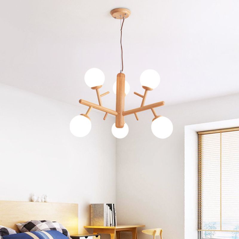 Hölzerner Baumzweig Kronleuchter nordischer Hängelampe mit Kugel Opalinglas Schatten