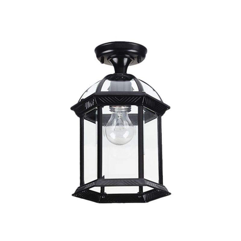 Lanterne de plafond en verre transparent noir/laiton, éclairage semi-montage traditionnel à ampoule unique, 8"/9,5" de large