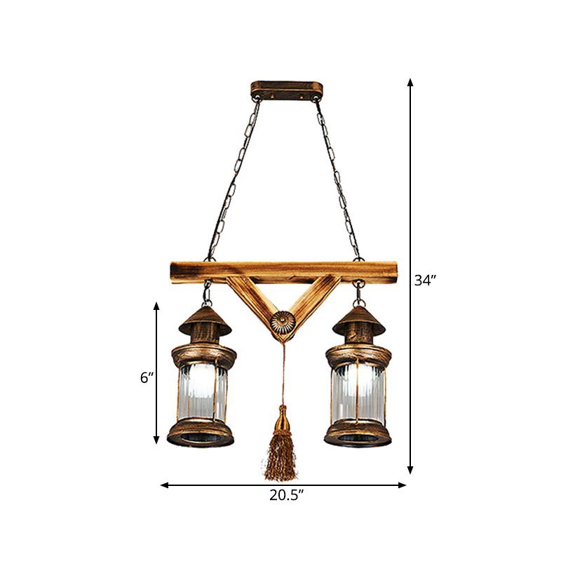 2 Lights Wooden Chandelier Lamp Farmhouse Antique Brass Lantern Porch Down Lighting Pendant