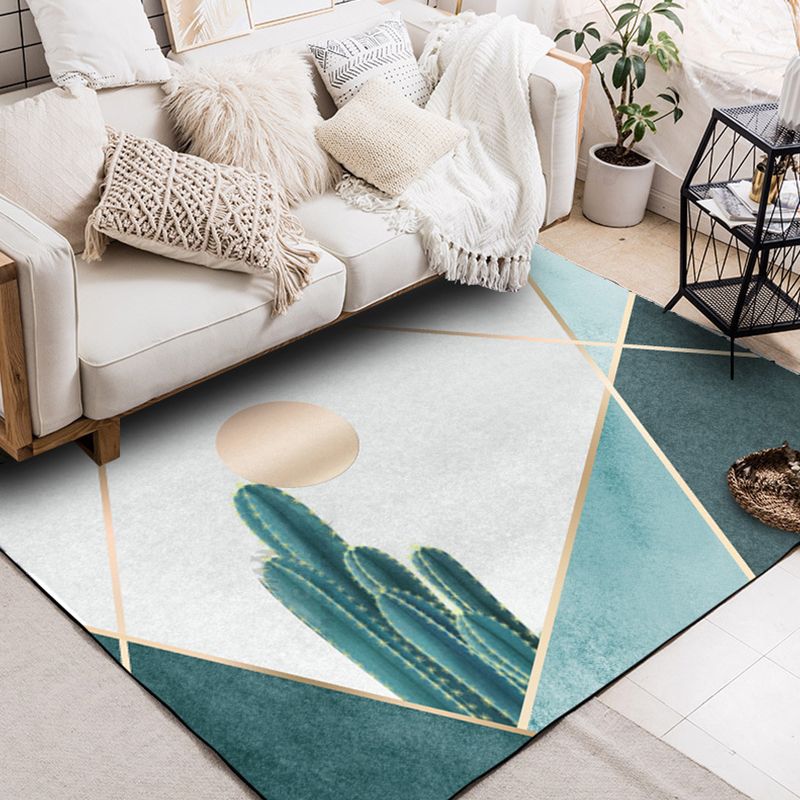 Green Bedroom Rug Modernist Geometric and Cactus Pattern Rug Polyester Anti-Slip Backing Washable Area Rug