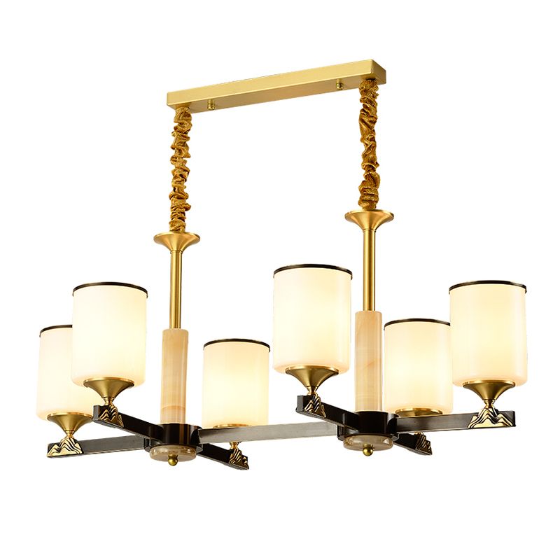 Modern Style Cylindrical Shape Island Lights White Glass 6-light Pendant Lights in Gold