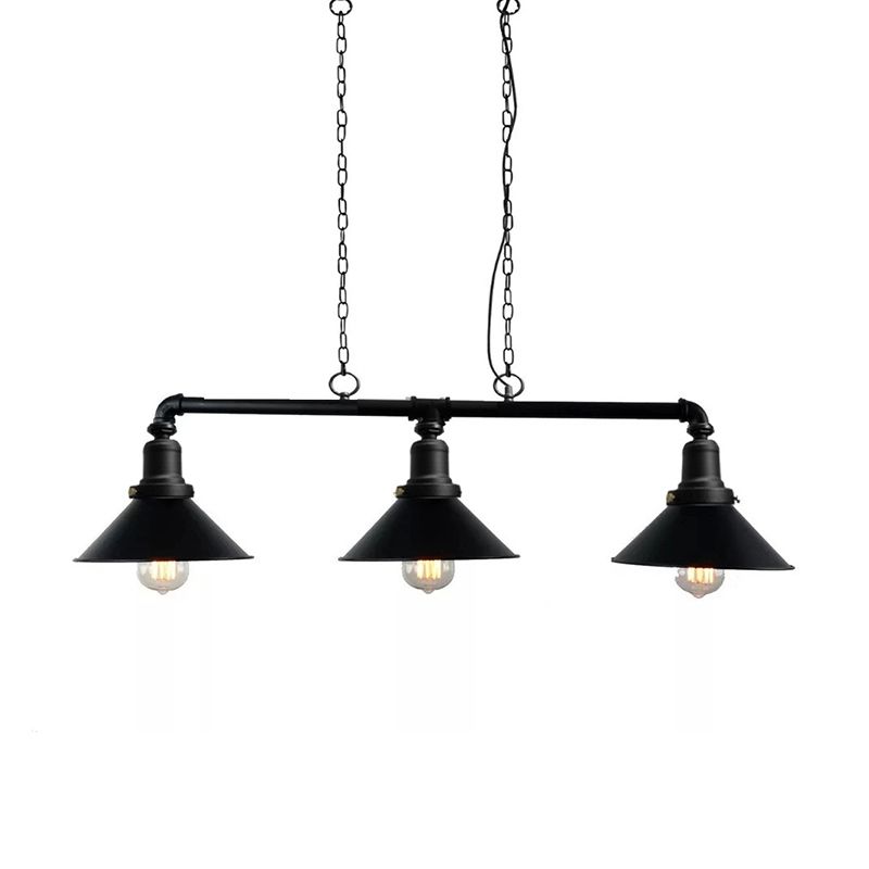 3 Lights Conical Island Light Fixture Vintage Black Finish Metal Pendant Lighting for Dining Room