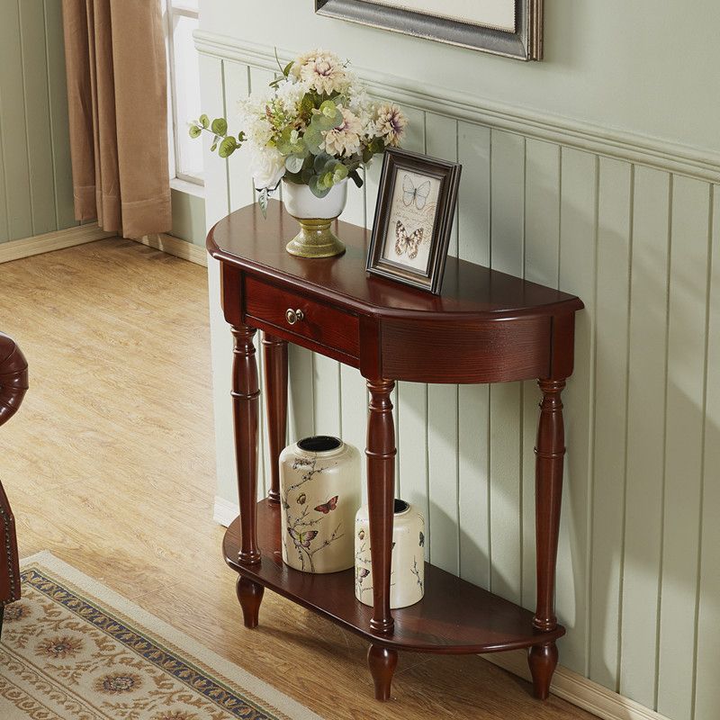 Rubbered Wood Console Table Solid Wood Accent Table with Drawer and Shelf