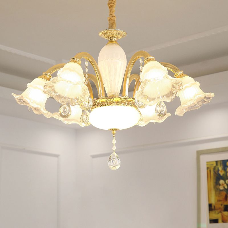 Gold Floral Shade Ceiling Lighting Traditional Ruffle Glass Living Room Chandelier Light with Crystal Draping