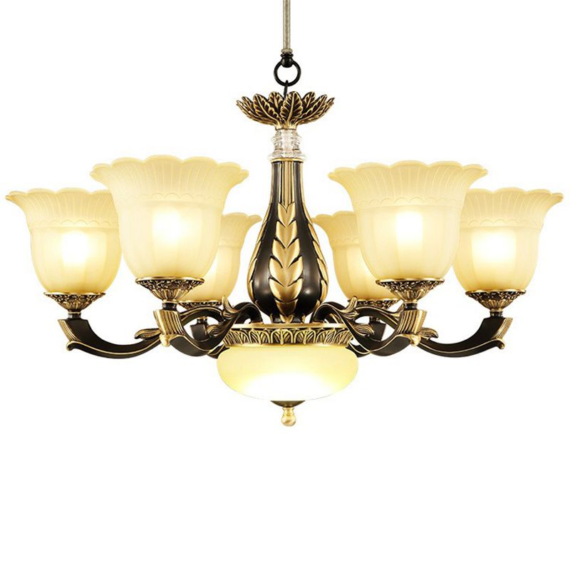 Frostglas goldschwarzer Kronleuchter hell Blumenretro-Anhängerleuchte für Esszimmer
