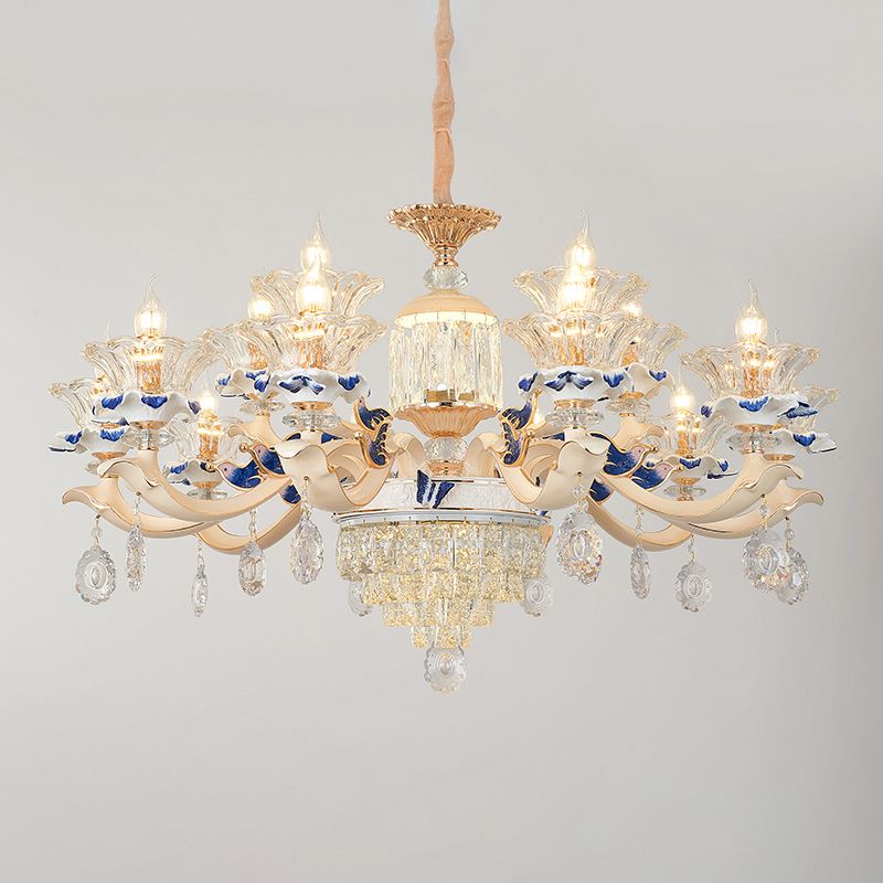Flower Ribbed Glass Suspension Light Retro Style Living Room Chandelier Light with Crystal Draping in White