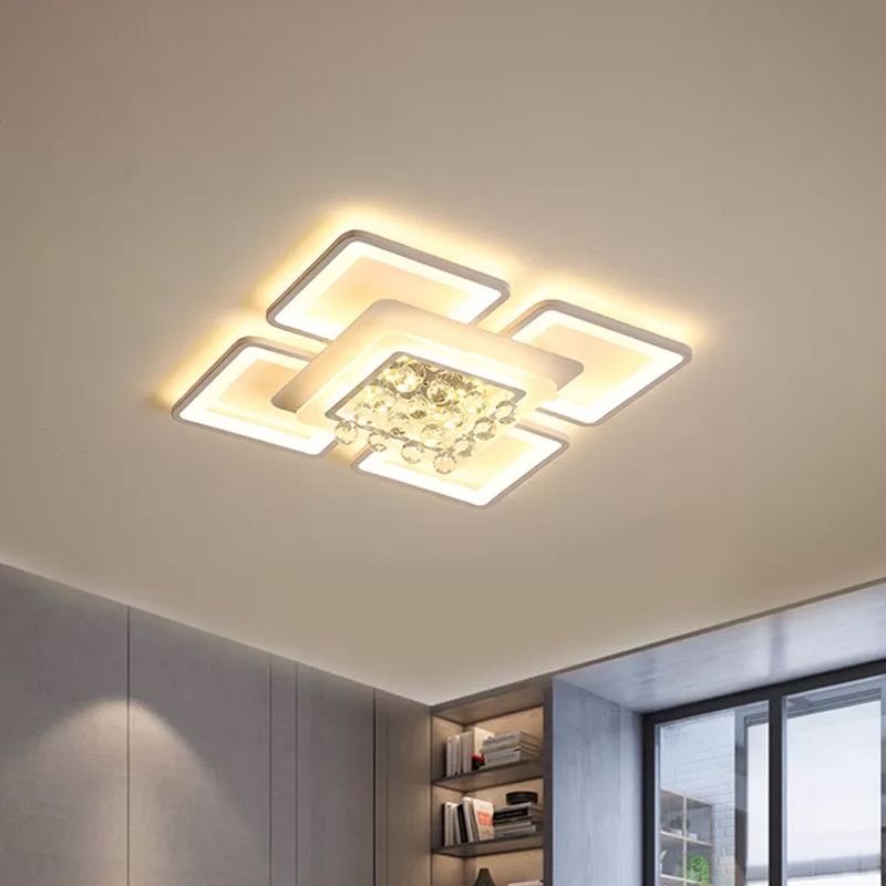 White Acrylic Square Flushmount Light Simple 21.5"/25.5" Width LED Flush Mount Lamp in Warm/White Light with Crystal Accent
