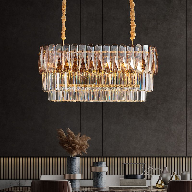 3-Tier Rectangular Dining Room Pendant Amber/Smoke Gray Crystal Block 12-Light Contemporary Island Lamp