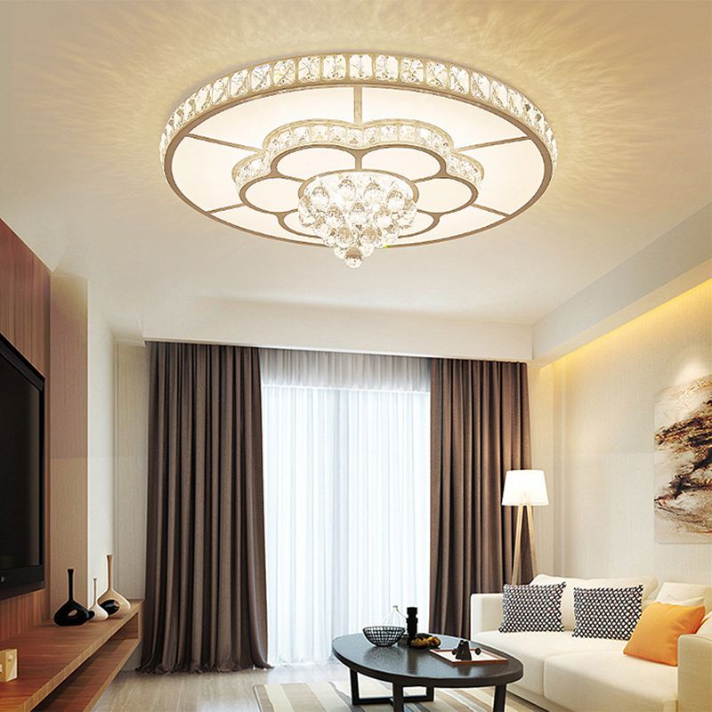 Minimalist Round Flush Ceiling Light Crystal Sitting Room LED Flush Mount Fixture in White