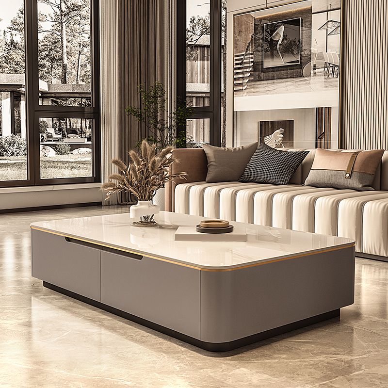 Iron Pedestal Base Coffee Table with Storage Drawers and Slate Top