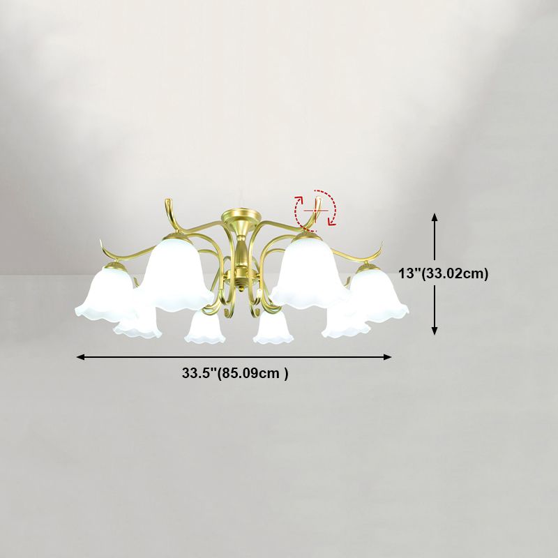 Gold Semi Flush Lamp Traditional Multi-Head Bedroom Ceiling Lighting with Glass Shade