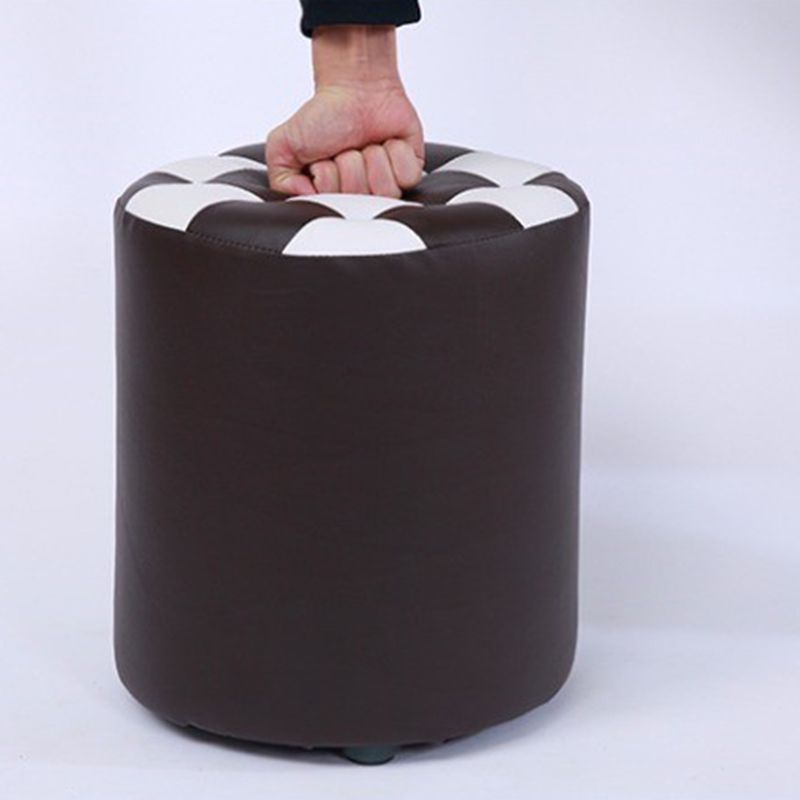 Color Block Ottoman Faux Leather Stain Resistant Cylinder Shape Pouf Ottoman