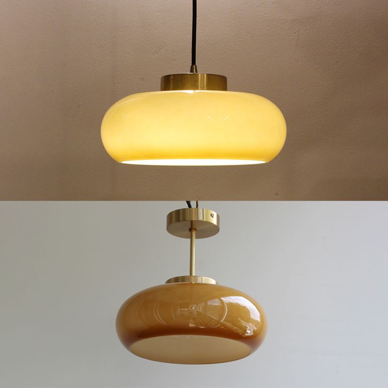 Colonial Style Brass Flush Mount Drum Hand-blown Glass Ceiling Light Fixture for Bathroom