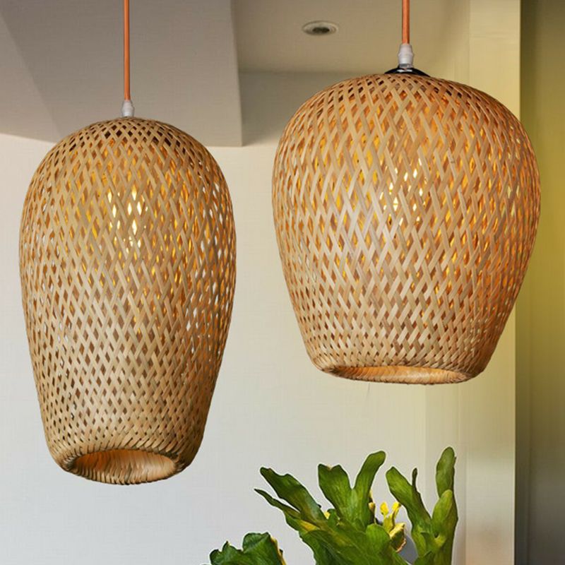 Chinese Hand-Weaving Hanging Light Bamboo 1 Head Living Room Pendulum Light in Beige