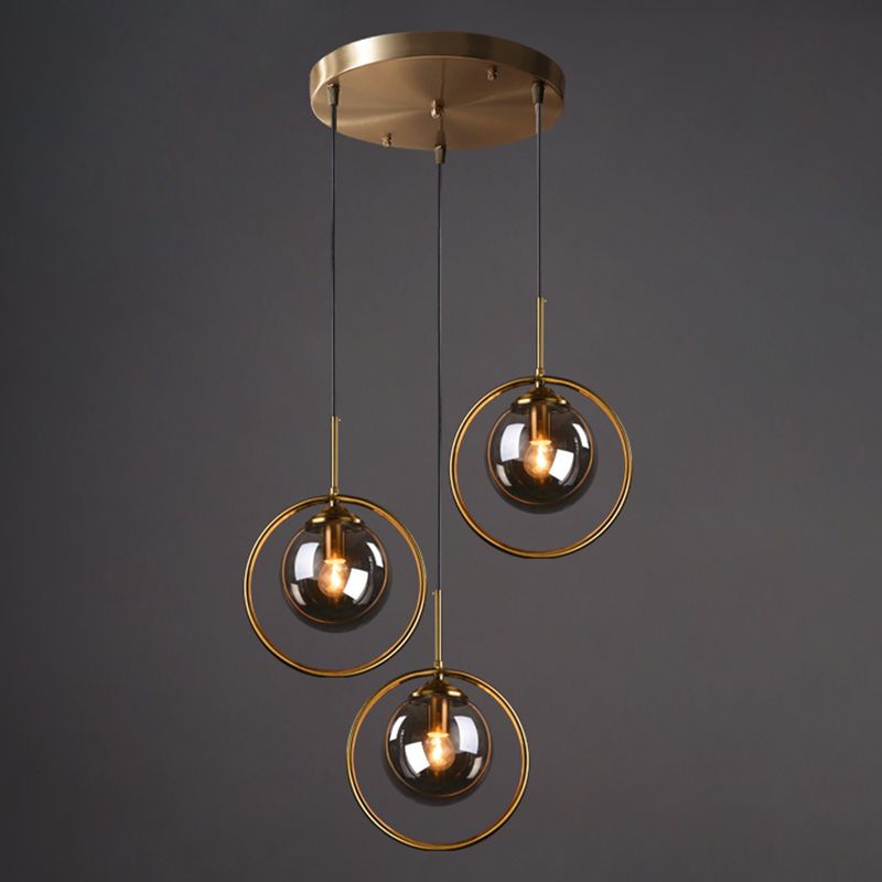 Dinning Room Three Head Sphere Shape Hanging Light Glass and Metal Modern Down Lighting Pendant