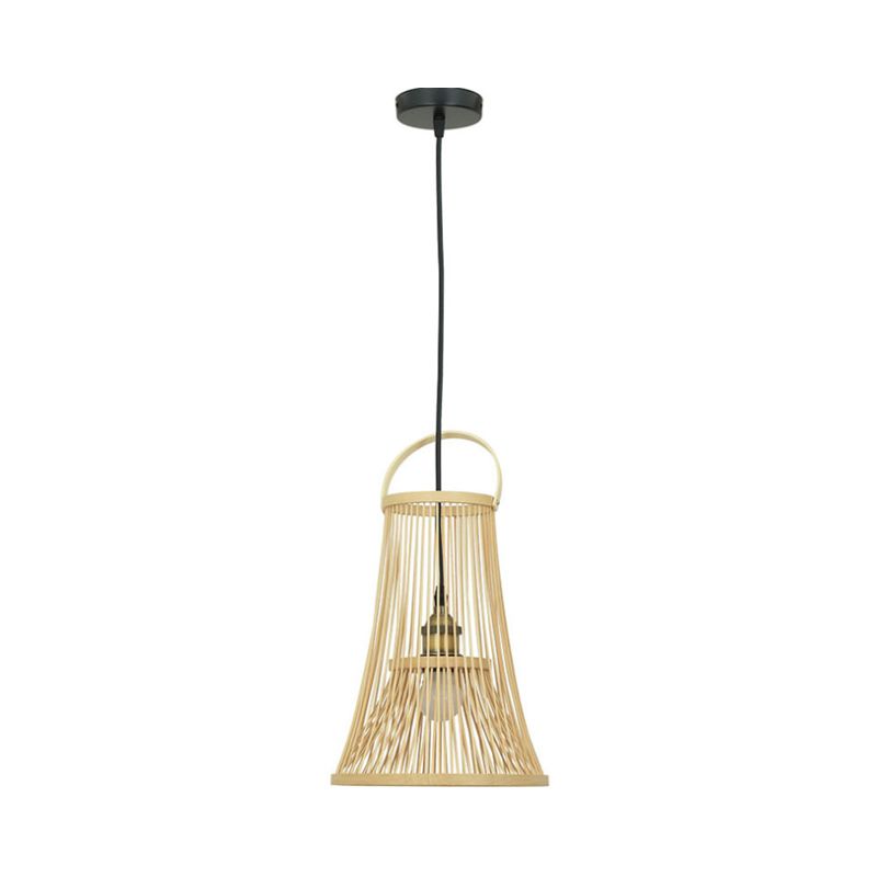 Tombra de trompeta de bambú Luz colgante Estilo asiático 1 Bulbo Beige Cosco de techo con mango arqueado