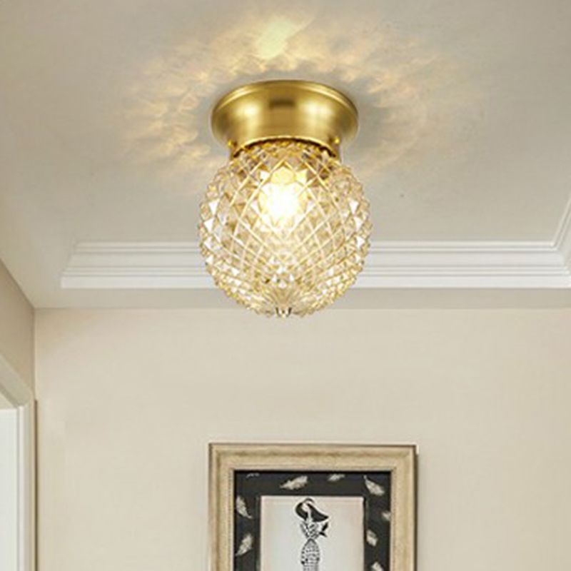 Clear Glass Pineapple Ceiling Fixture Minimalist 1 Head Brass Flush Mount Light for Corridor