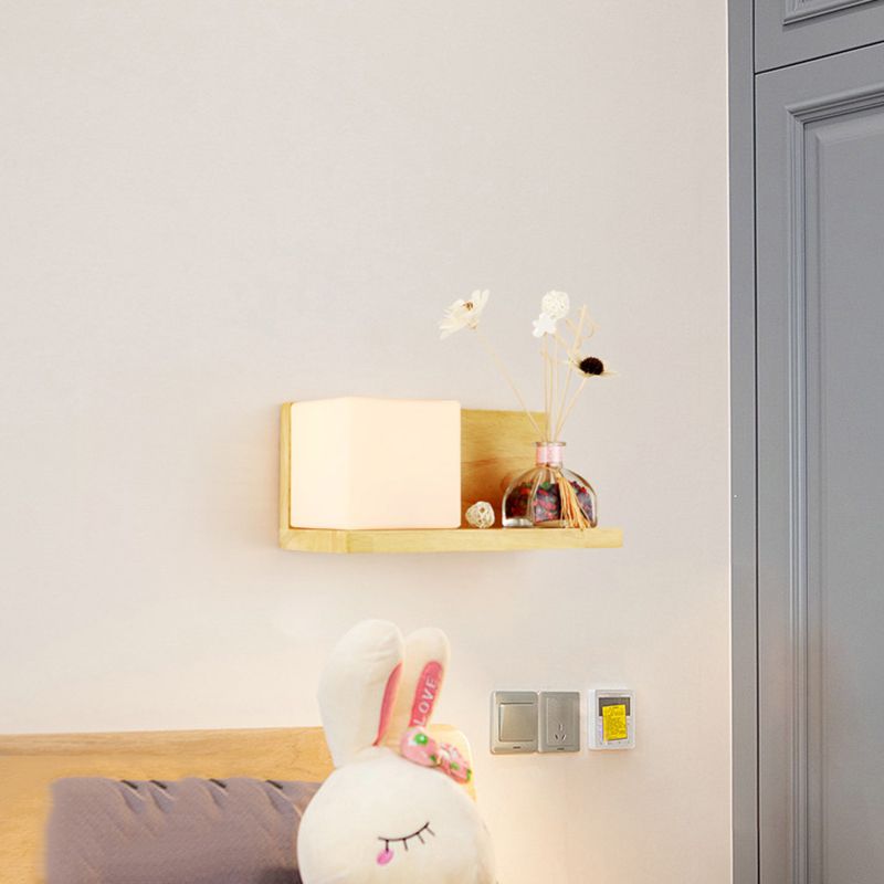 Contemporary Beige Wall Lamp with Fake Plant Deco Cube Shade 1 Light Wood & Milk Glass Sconce Light for Bedroom