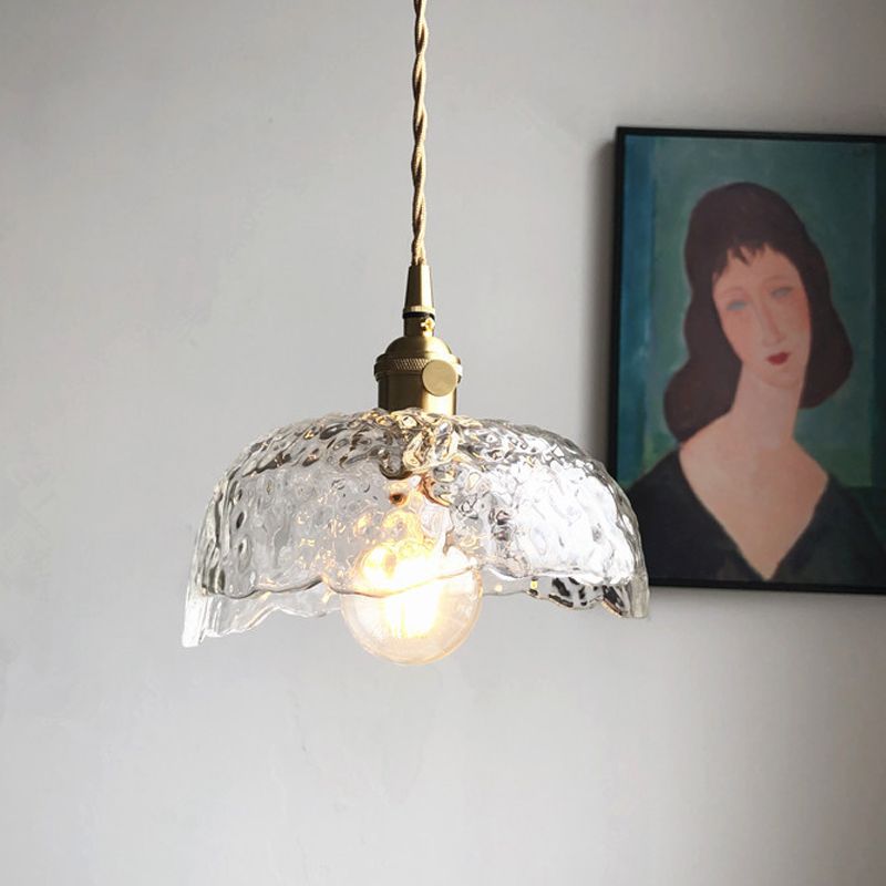 Translucent Hammered Glass Bowled Pendant Modernity Single-Bulb Brass Hanging Lighting Fixture
