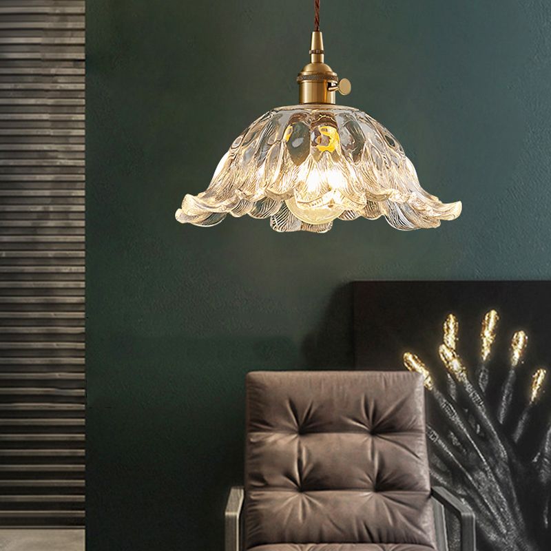 Luce appesa a 1 luce in ottone in ottone in vetro trasparente per sala da pranzo