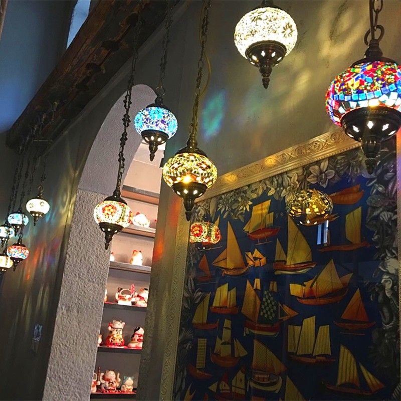 Stained Glass Oblate Pendant Light Vintage 1 Head Restaurant Suspension Light Fixture